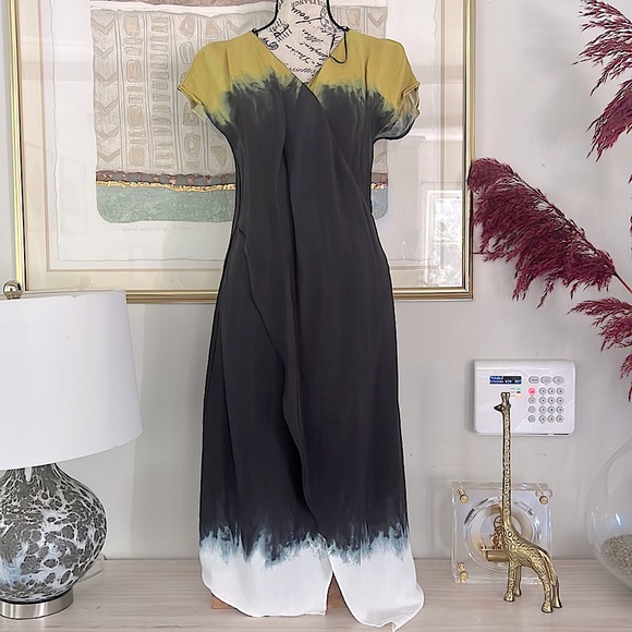Zara Dresses & Skirts - ZARA Ombre Tie Dye Wrap Midi Dress Asymmetrical Hem Yellow Navy